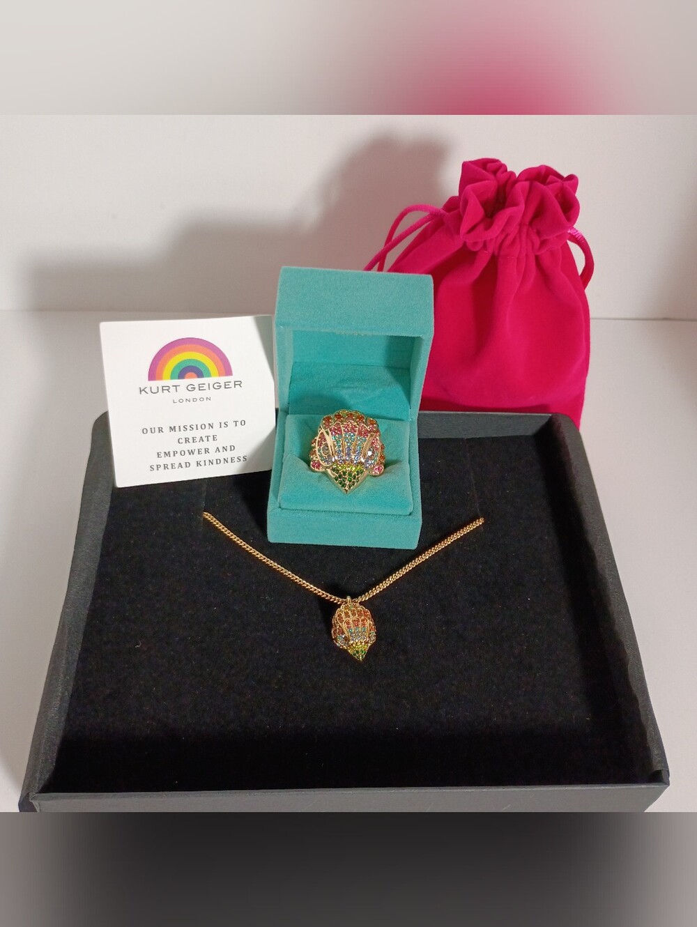 Kurt Geiger Gold-Tone Large Eagle Multicolor Crystal Cocktail Ring, Necklace Set